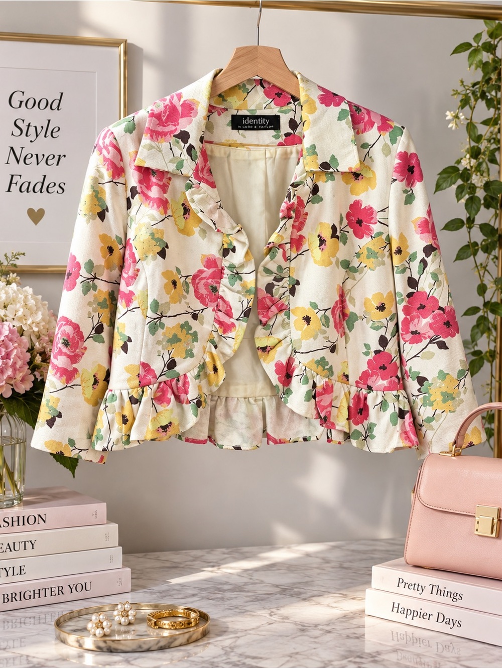 Lord & Taylor Floral Ruffle Cropped Blazer Jacket Pink Yellow Cottagecore